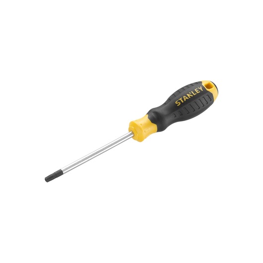 Photo of STANLEY STHT16182-0 screwdriver with black and yellow handle, side angle on white background.