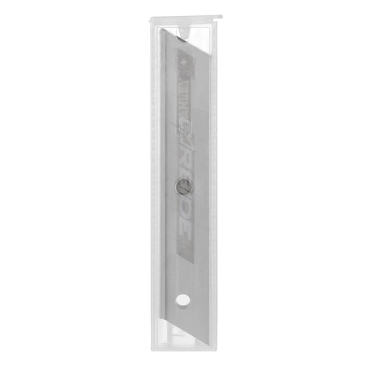 STANLEY STHT2-11818 utility knife blade in transparent plastic case, front view, silver blade visible.