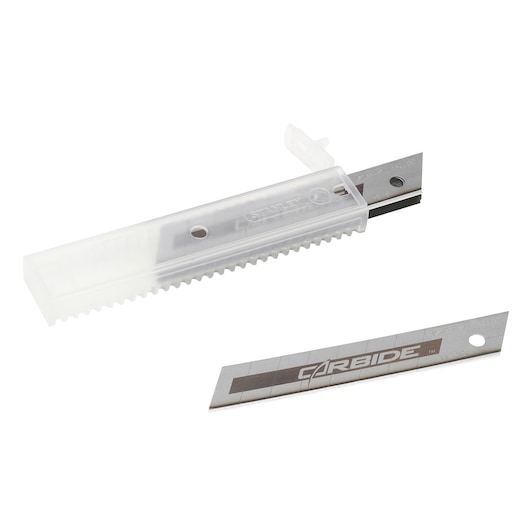 Stanley snap-off utility blades with carbide label, one blade outside and several stored in a transparent plastic case.