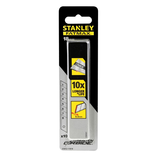 STANLEY STHT2-11818 utility knife blades 10 pack, FatMax Tungsten Carbide, product photo on white background.
