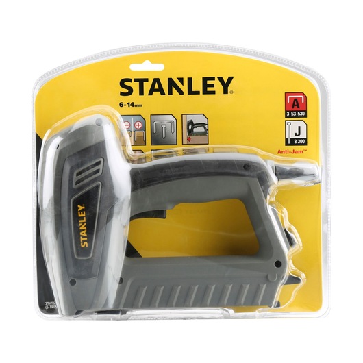 STANLEY STHT6-70414 heavy-duty stapler in black and gray, packaged on yellow card, front angle.