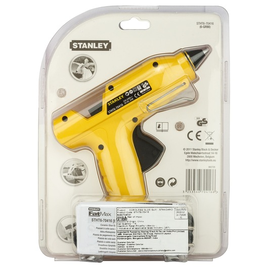 Stanley STHT6-70416 cordless glue gun, yellow and black, photographed in retail packaging, front angle.