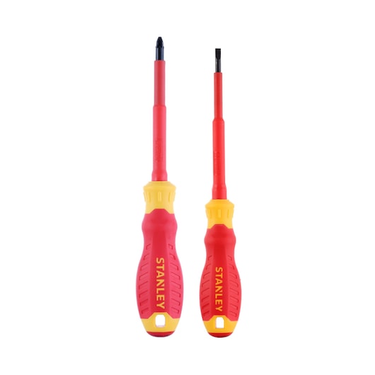 STANLEY STHT60030-0 insulated screwdriver set, red and yellow handles, front angle, white background.