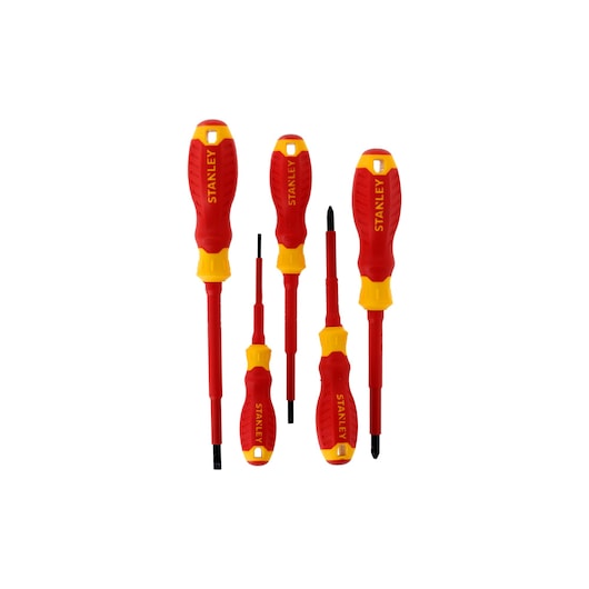 STANLEY STHT65556-0 screwdriver set, red and yellow handles, front view, five pieces, photography