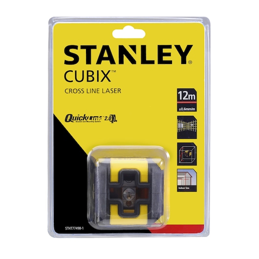 STANLEY STHT77498-1 Cubix cross line laser in retail packaging, front view, yellow and black design.