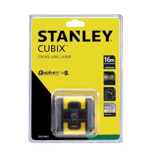 STANLEY STHT77499-1 cross line laser Cubix in yellow and black packaging, front angle, photography product.
