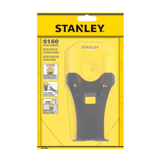 STANLEY STHT77588-0 stud sensor device with yellow and black casing in retail packaging, front angle.