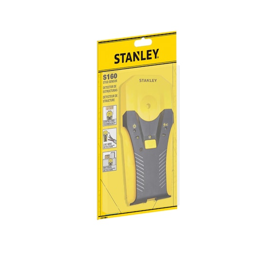 Photo of STANLEY STHT77588-0 stud sensor S160, yellow and black, in retail packaging, front angle.