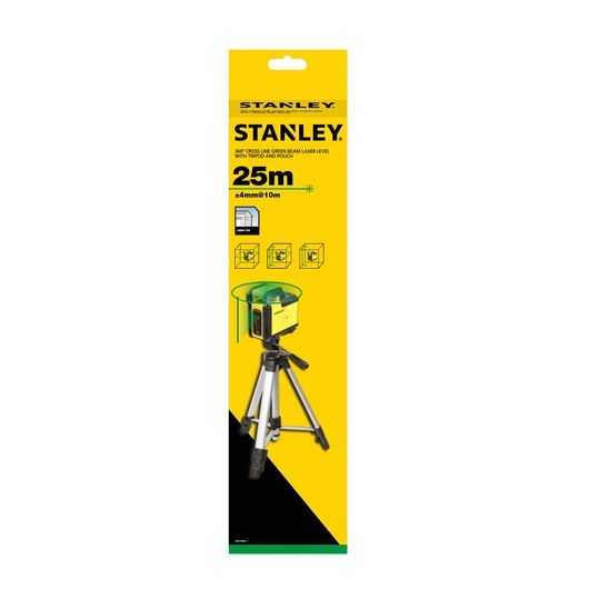 STANLEY STHT77641-1 360° green beam laser level with tripod in yellow and black retail packaging, front angle.