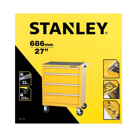 Photo of STANLEY STMT1-75063 yellow tool cabinet with four drawers and caster wheels, front angle on white background.