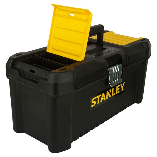 STANLEY toolbox, black with yellow top, open lid. SKUs: STST1-75518-KR, STST1-75518. Photography category.
