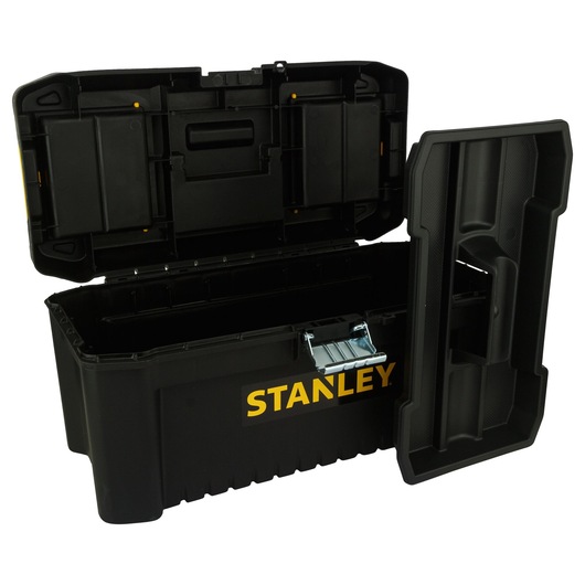 STANLEY photography toolbox, black, open, STST1-75518-KR, STST1-75518, visible compartments and handle.