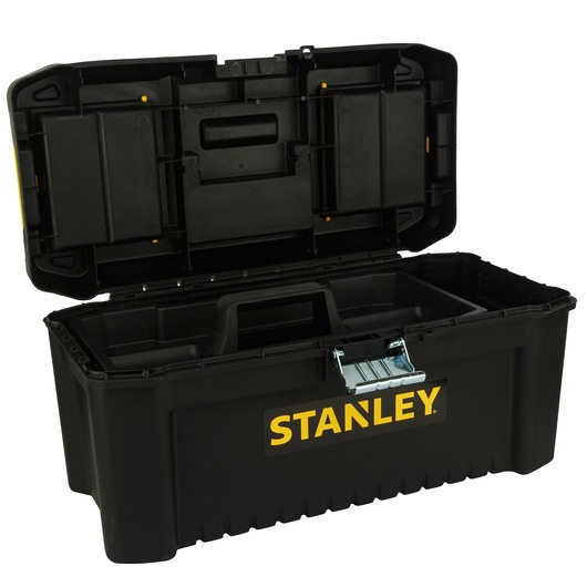 STANLEY black toolbox, photography category, SKUs STST1-75518-KR, STST1-75518, open lid with compartments.