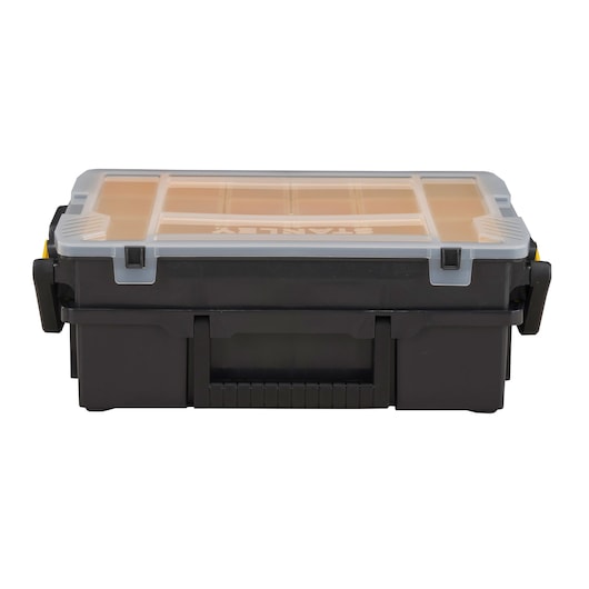 STANLEY STST1-75540 tool organizer box, black body, clear lid, front angle, photography.
