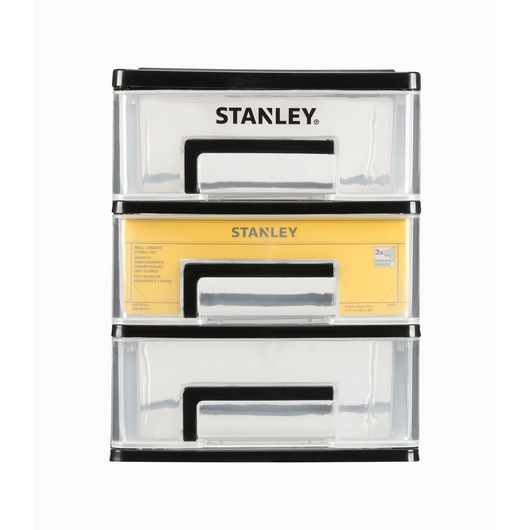 STANLEY STST40712-1 clear plastic 3-drawer storage unit, black trim, front view, photography product image.