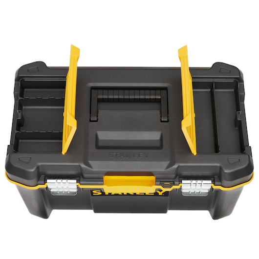 Photo of STANLEY STST83397-1 black tool box with yellow latches, top view, product category Photography.
