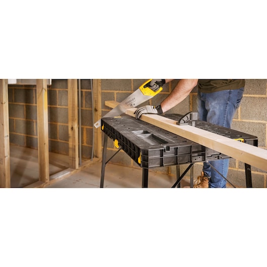 STANLEY STST83492-1 workbench photography with woodworking in progress in a workshop setting.