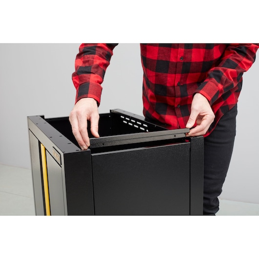 STANLEY STST97595-1 storage cabinet assembly, black metal frame, front angle view.