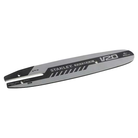 STANLEY STZCS1220 silver and black chainsaw bar, FATMAX V20, 8in, 20cm, top angle photo.
