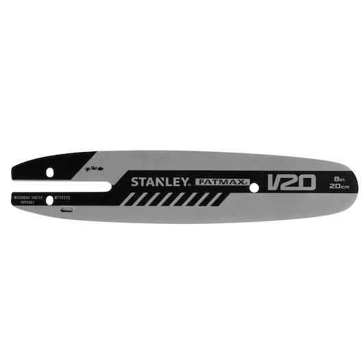 STANLEY STZCS1220 chainsaw bar, FATMAX V20, 8in/20cm, black and silver, top view on white background.