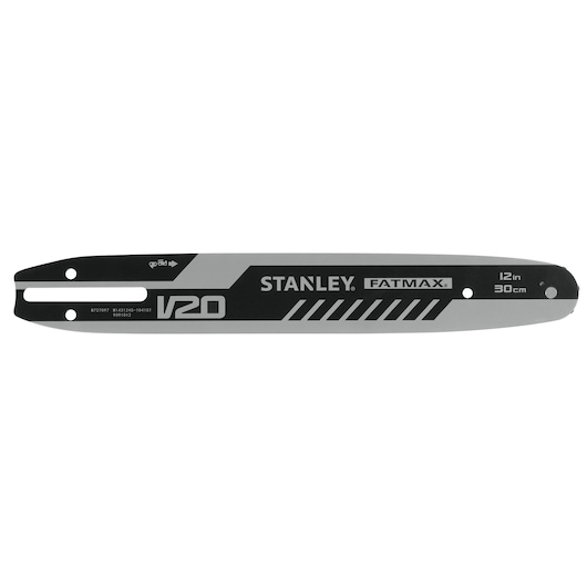 Photo of STANLEY STZCS1230 FATMAX V20 12in chainsaw guide bar in black and silver, flat lay, white background.