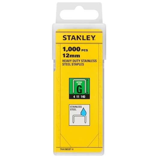 Photo of STANLEY TRA708SST-0 12mm heavy duty stainless steel staples 1000-pack, front angle with yellow packaging.