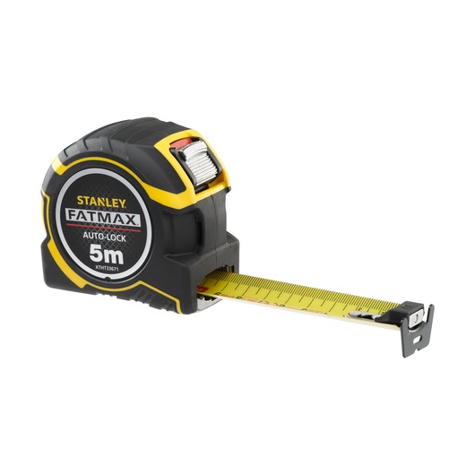 STANLEY XTHT0-33671 FATMAX 5m auto-lock tape measure, black and yellow, side angle on white background.