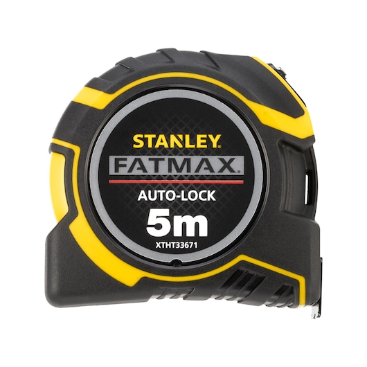 STANLEY XTHT0-33671 FATMAX 5m auto-lock tape measure, black and yellow, front angle, product photography
